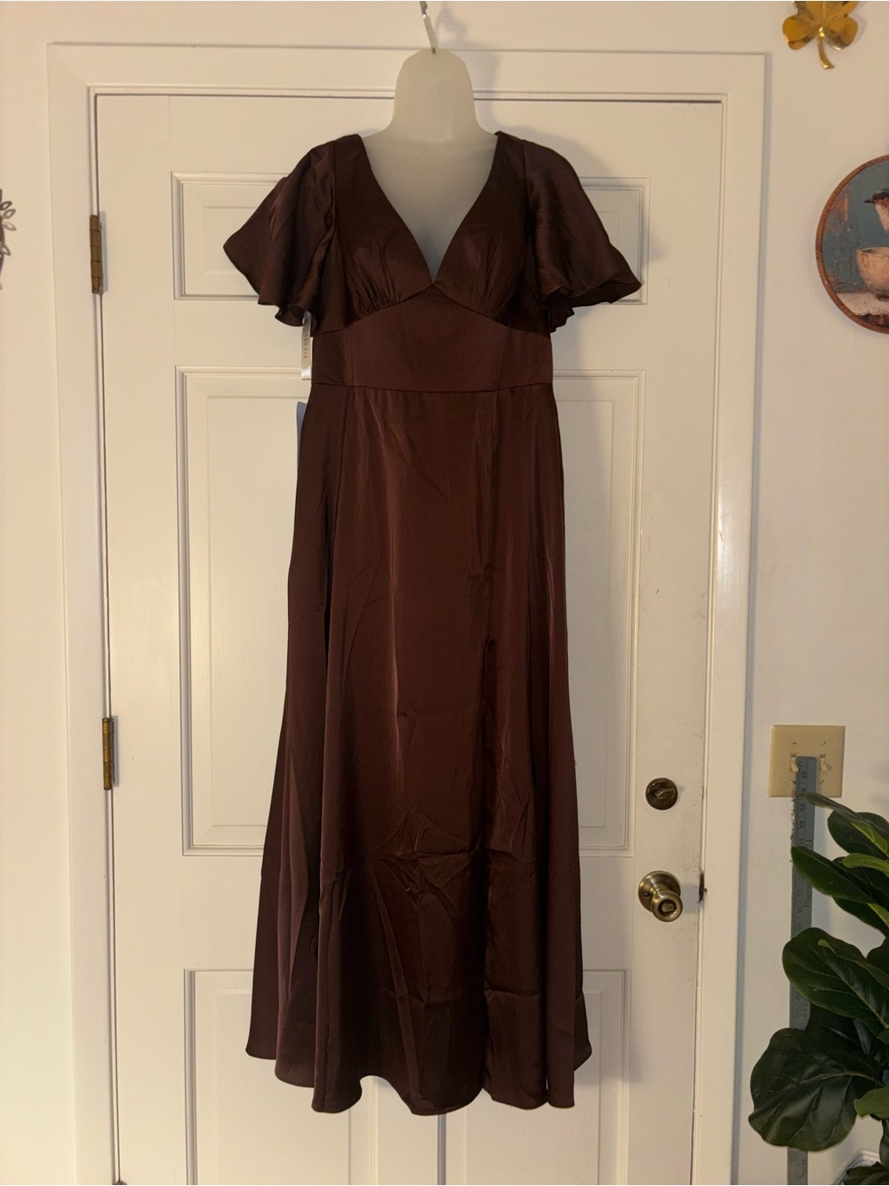 Azazie Brown V‑Neck Maxi Dress with Flutter Sleeves